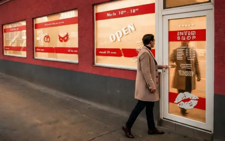 Vchod do predajne Intim Shop, Prievozská 17, Bratislava — červená fasáda oproti BC Apollo II