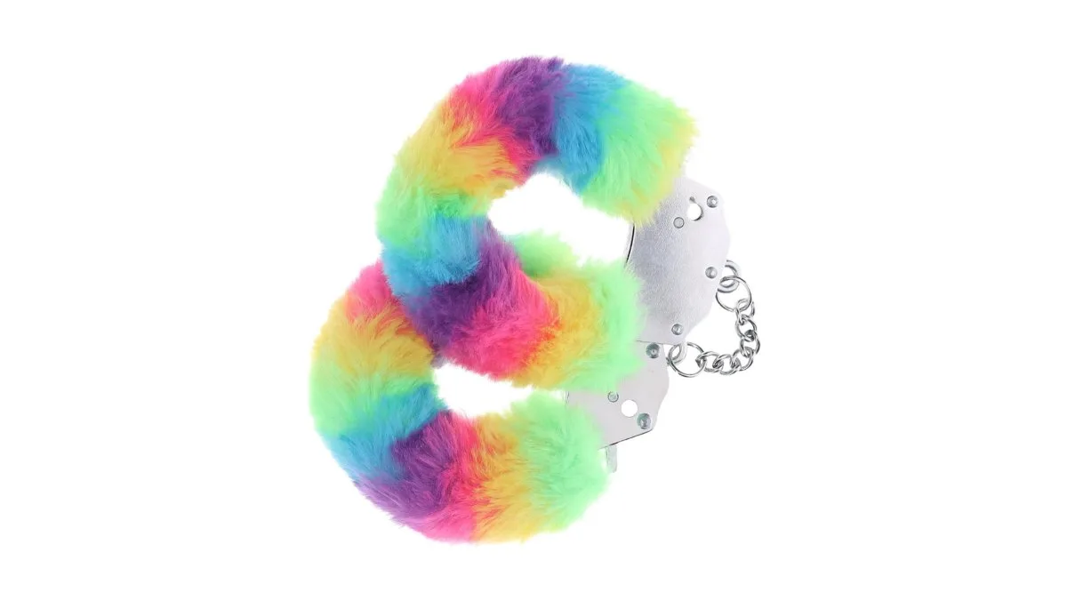 Ouch! Heavy Duty Fluffy Handcuffs - Dúhové chlpaté kovové putá